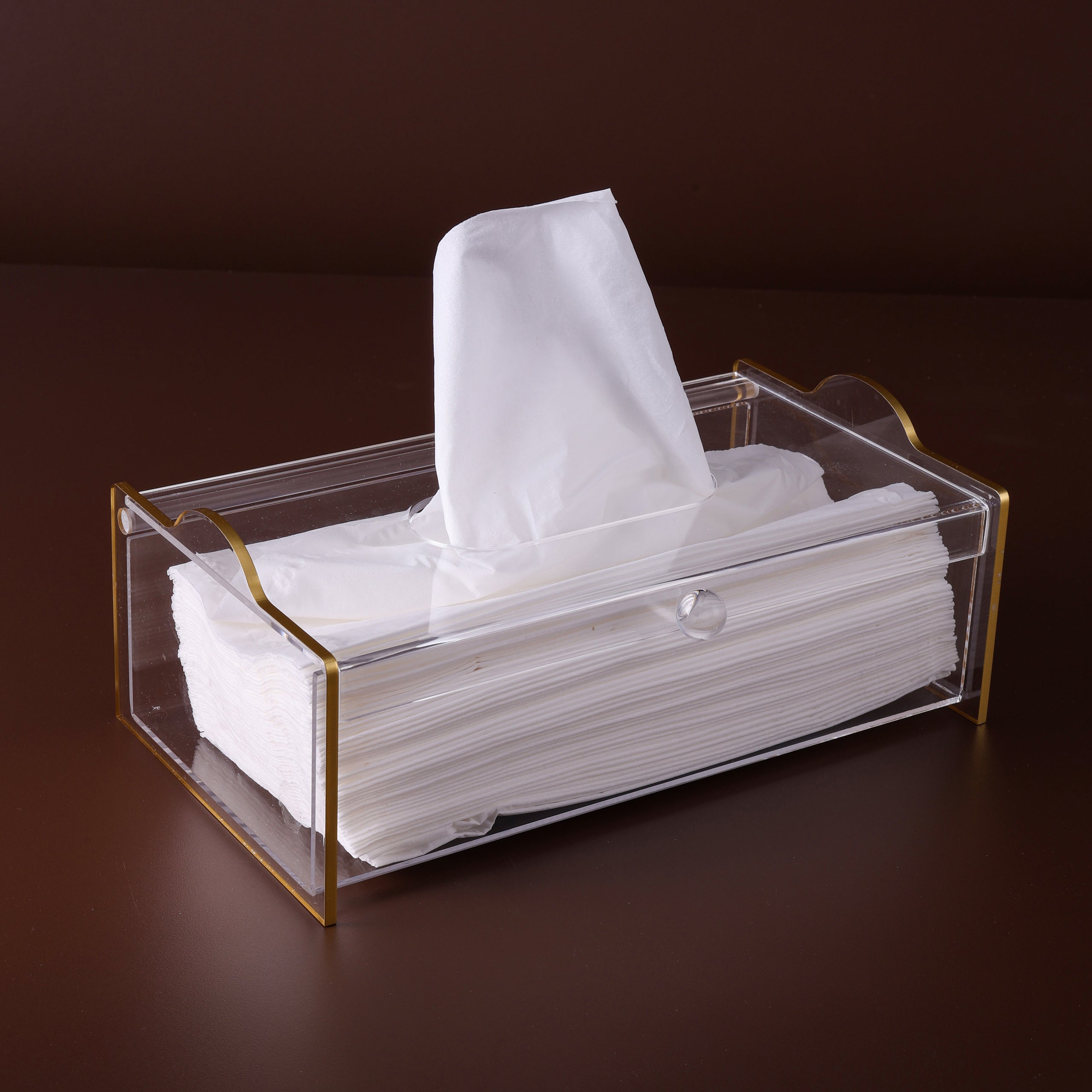 Plain and Gold Line Tissue Holder Box, Tissue Box - Rectangular Napkin Holder, Clear Box Cover Facial Tissue Dispenser,