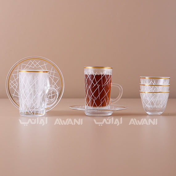 Crystal Tea Glass & Saucer Set with Gold Rim and Elegant White Line