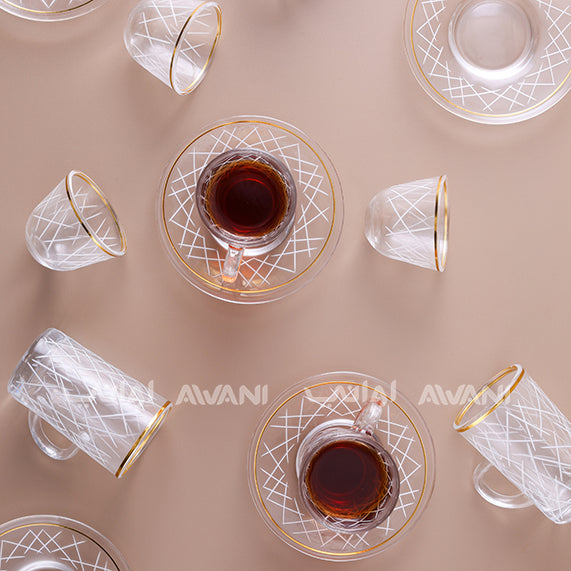 Crystal Tea Glass & Saucer Set with Gold Rim and Elegant White Line