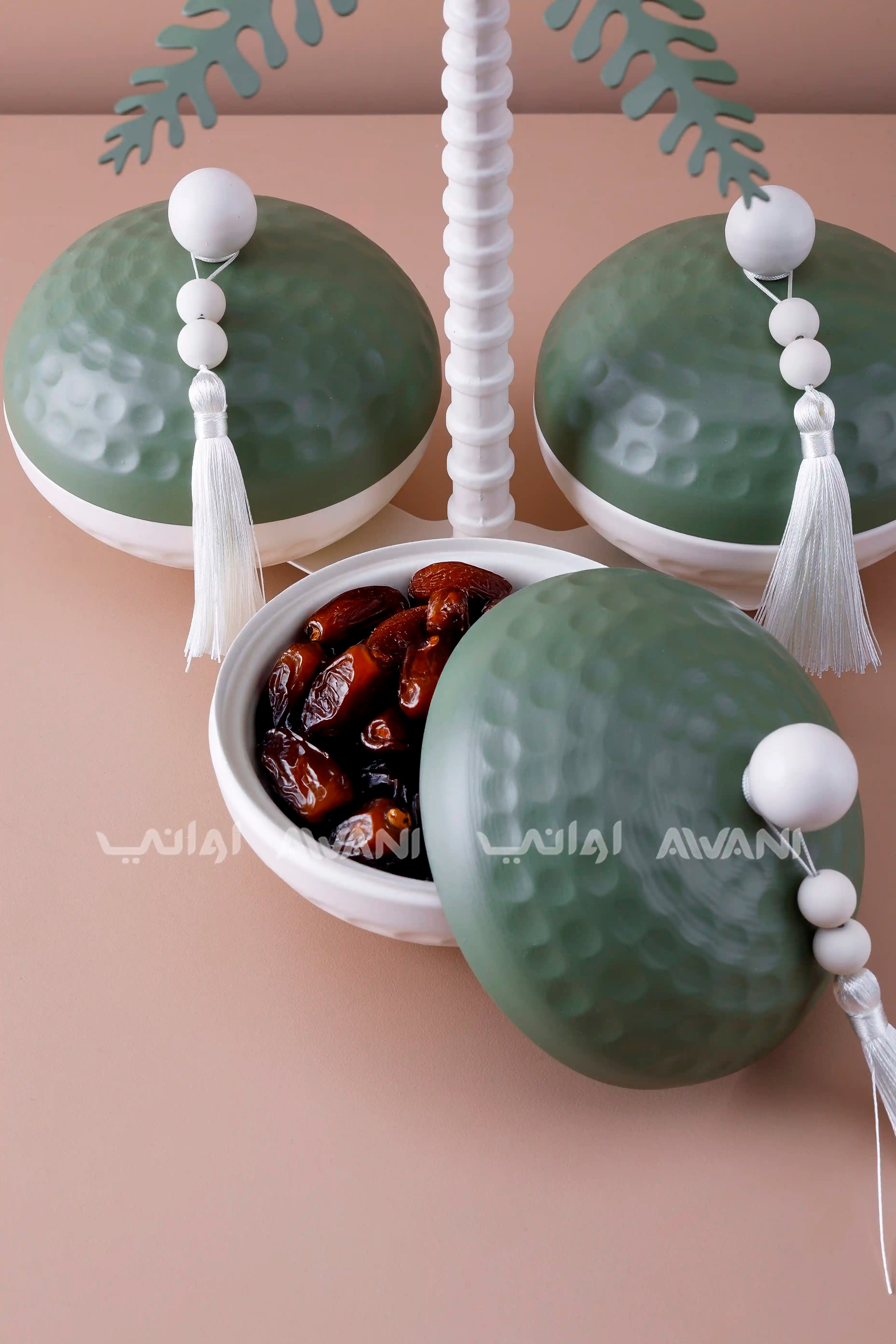 Palm Tree Ceramic Snack Server with Green Lids