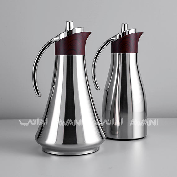 Elegant Silver Thermal Flask - Wood and Silver Handle | Insulated Carafe with Sleek Handle – 700+ 700 ML (2Pcs)