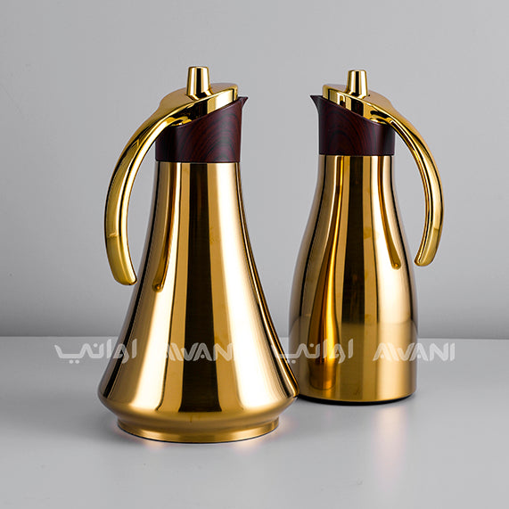 Elegant Wood Thermal Flask - Wood color and Gold Handle  |  Insulated Carafe with Sleek Handle – 700+ 700 ML (2Pcs)