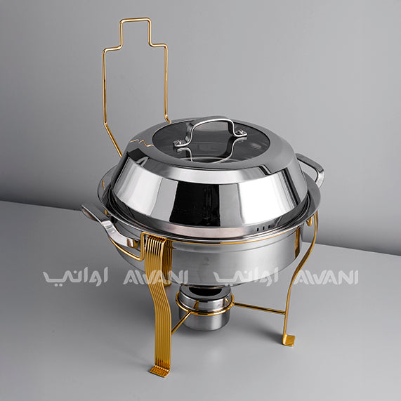 Luxury Round Stainless Steel Chafing Dish with Gold Legs – Buffet Food Warmer with Glass Lid (4L)