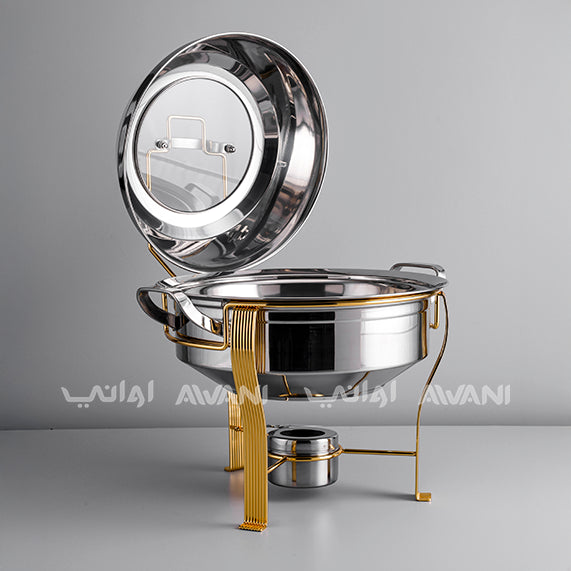 Luxury Round Stainless Steel Chafing Dish with Gold Legs – Buffet Food Warmer with Glass Lid (6 L)