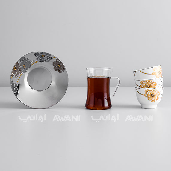 18-Piece Tea & Arabic Coffee Set – 6 Glass Tea Cups, 6 Cawa Cups, 6 Steel Saucers –| Elegant Floral Design | Yellow Flower Design
