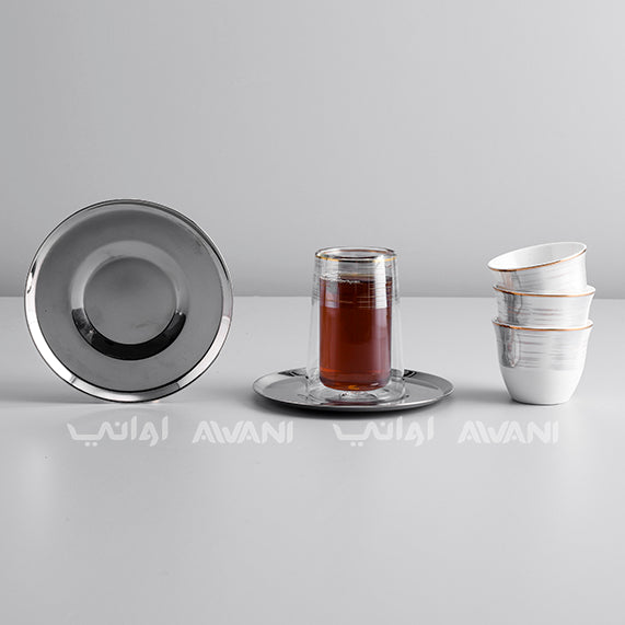 18-Piece Tea & Arabic Coffee Set – 6 Glass Tea Cups, 6 Cawa Cups, 6 Steel Saucers –| Elegant Floral Design |