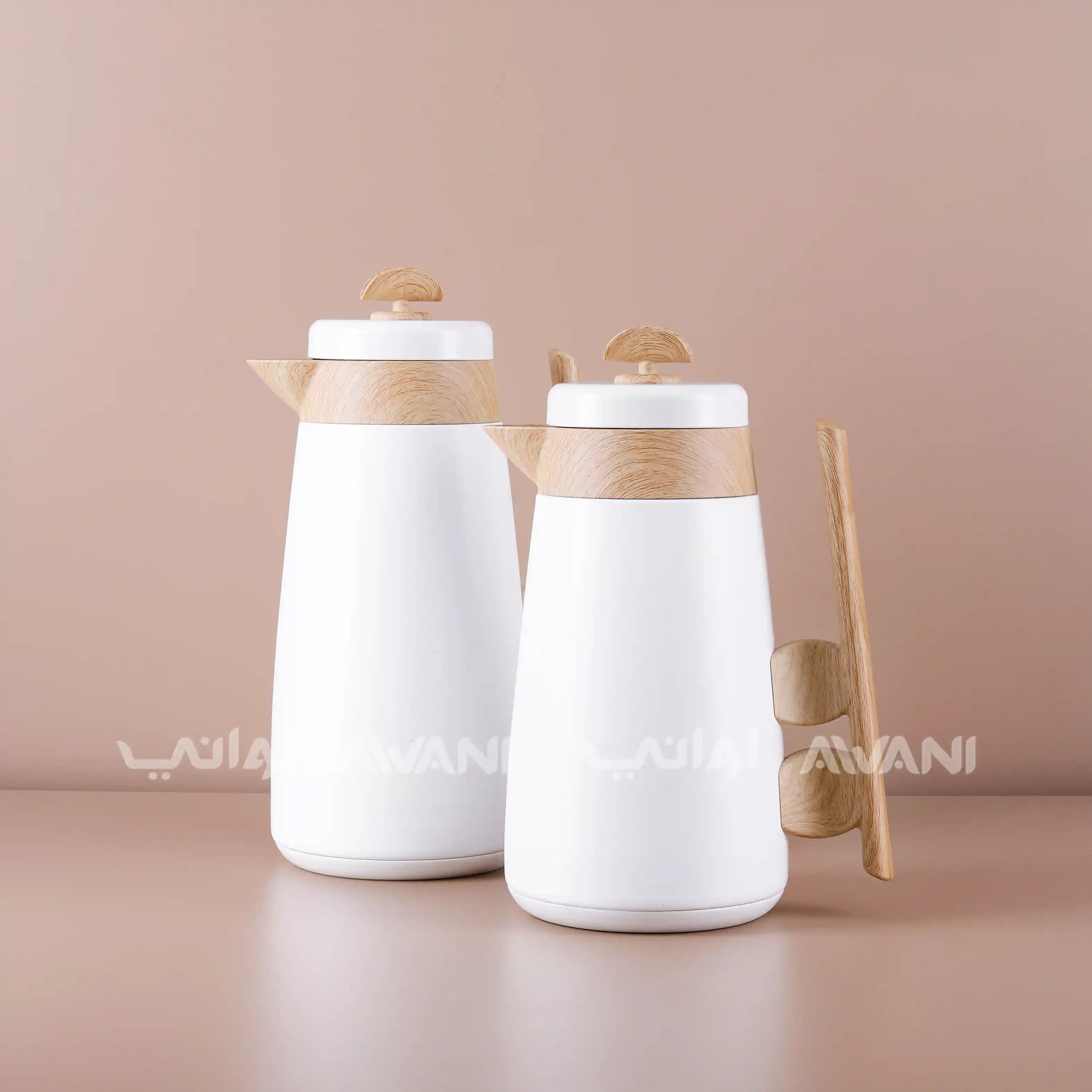 Vacuum Flask Set – 1L & 700ml, White & Wood Handle