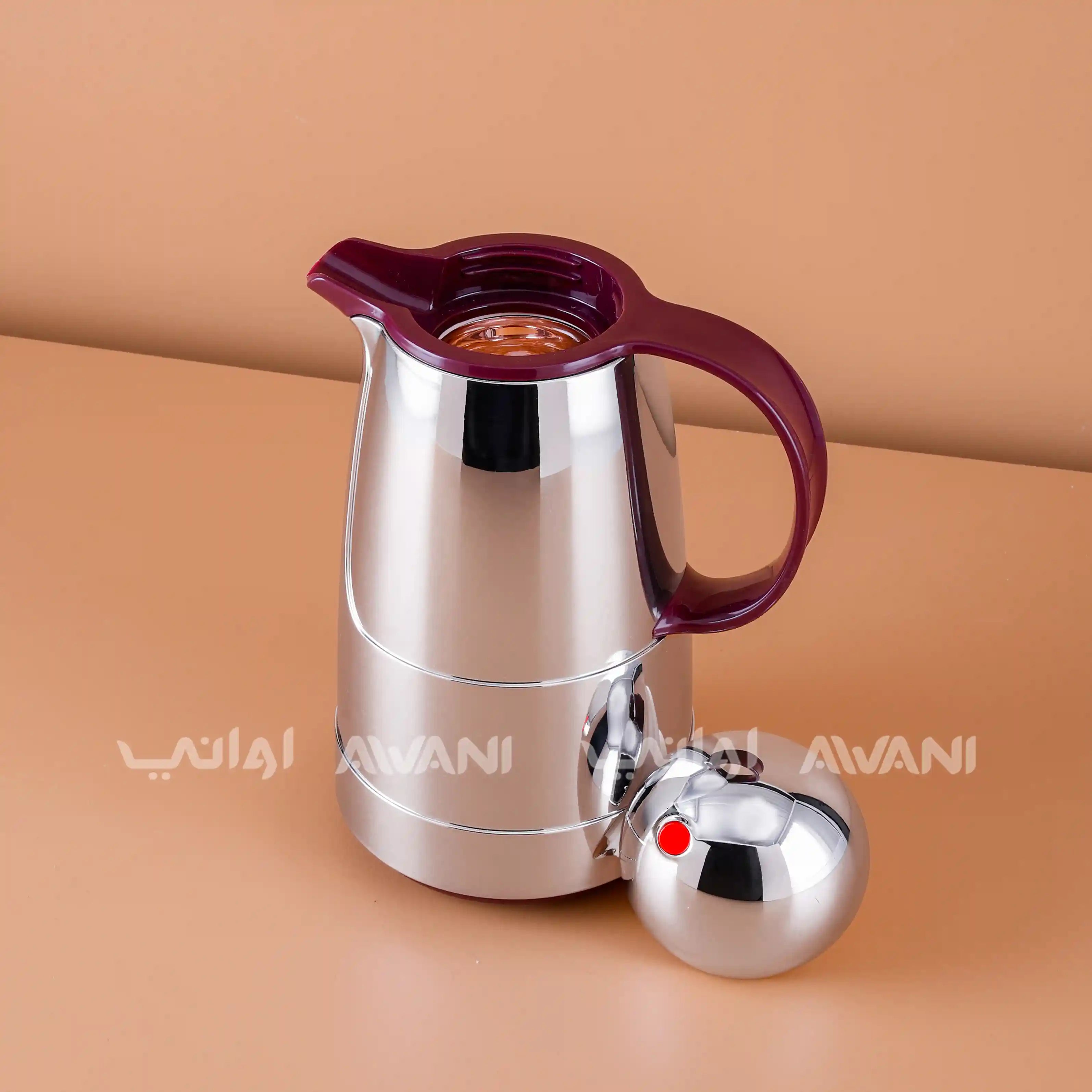 Silver + Burgundy Color Dallah Insulated Thermos Flask – 1L | Elegant Hot & Cold Beverage Server