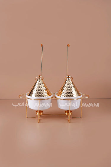 Double Chafing Dish Food Warmer Set (2 Bowls) – Gold & White with Hammered Hanging Lids for Buffet & Catering