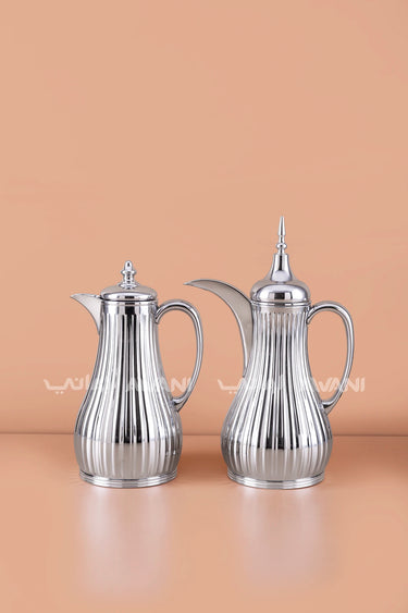 Modern Ribbed Silver Dallah Thermal Set – Dual Flasks (1.0L+1.0L)
