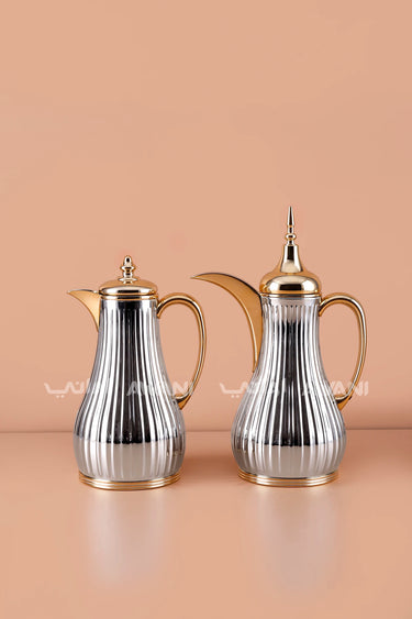 Luxury 2-Piece Ribbed Silver & Gold Thermal Dallah Flask Set (1.0L+1.0L)