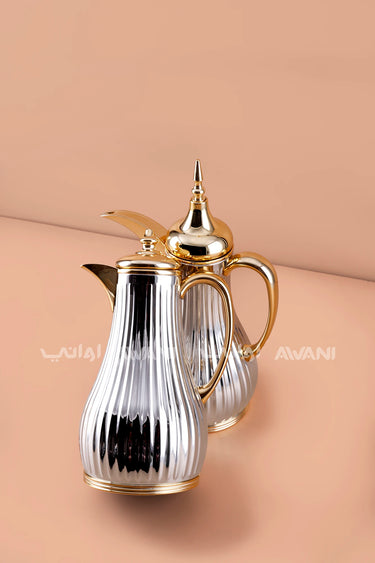 Luxury 2-Piece Ribbed Silver & Gold Thermal Dallah Flask Set (1.0L+1.0L)