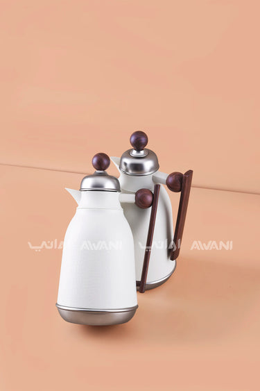 White Hammered Thermal Flask Set with Brown Handle (2 Pieces) – 0.75L & 1.0L
