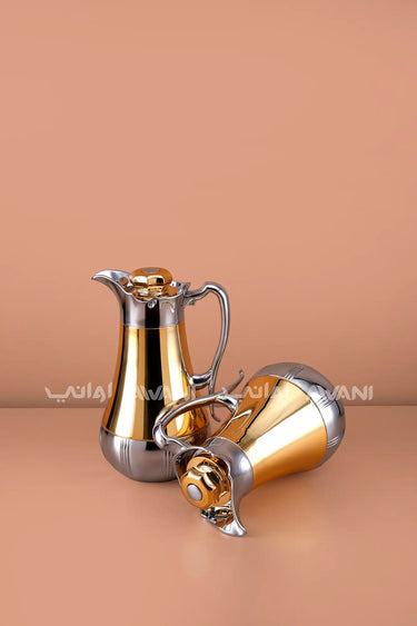 2-Piece Luxury Dallah Thermos Set - Gold & Silver Finish (1.0L & 0.7L)