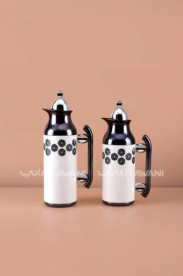 Flask Set – White & Shiny Black Floral Design (1.0L & 0.7L)