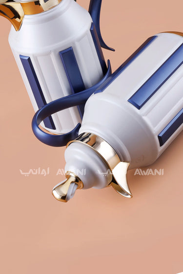 2-Piece Insulated Flask Set (1L + 1L) โ White & Royal Blue with Gold Accents