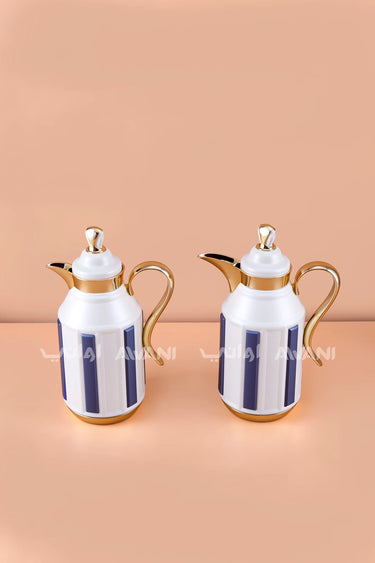 2-Piece Insulated Flask Set (1L + 1L) โ White & Royal Blue with Gold Handle Accents