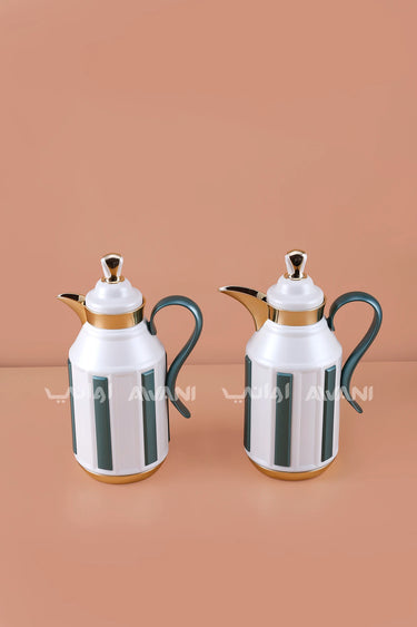 2-Piece Insulated Flask Set (1L + 1L) โ White & Green Deep Teal with Gold Trim