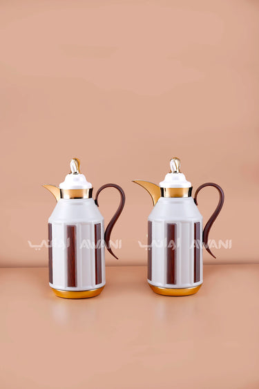 Thermal Flask Set (1L + 1L) โ White & Gold with Wood-Finish Accents