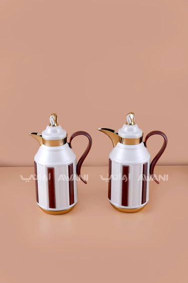 Thermal Flask Set (1L + 1L) โ White & Gold with Wood-Finish Accents