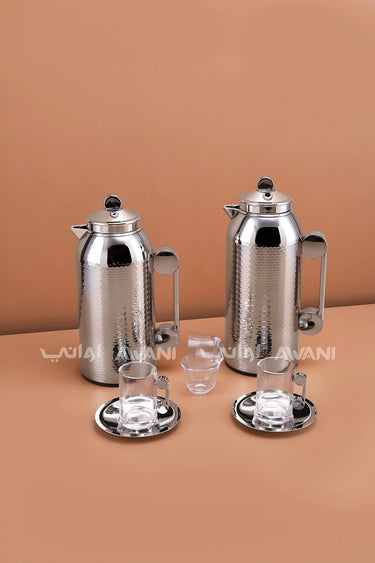 MAHRA 21 PCS FLASK SET SERVER WITH TRAY ISTIKAN AND CAWA NICKEL SILVER COLOR