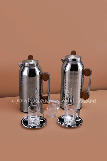 MAHRA 21 PCS FLASK SET SERVER WITH TRAY ISTIKAN CAWA CHROME + WOOD