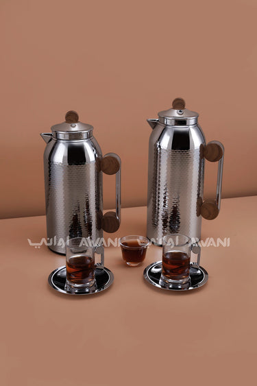 MAHRA 21 PCS FLASK SET SERVER WITH TRAY ISTIKAN CAWA CHROME + WOOD