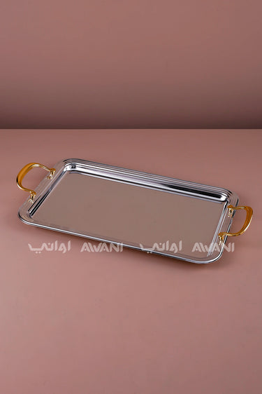 Stainless Steel Rectangular Serving Tray with gold handle