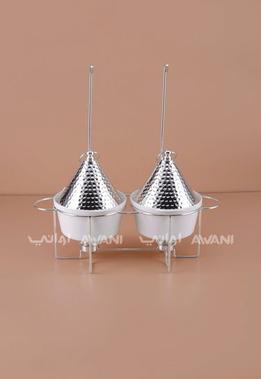 Double Chafing Dish Food Warmer Set (2 Bowls) – Silver & White with Hammered Hanging Lids for Buffet & Catering