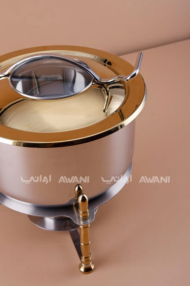 Round Stainless Steel Chafing Dish with Gold Accents & Glass Lid - 4000 ML