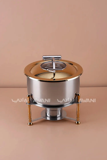 Round Stainless Steel Chafing Dish with Gold Accents & Glass Lid - 5000 ML