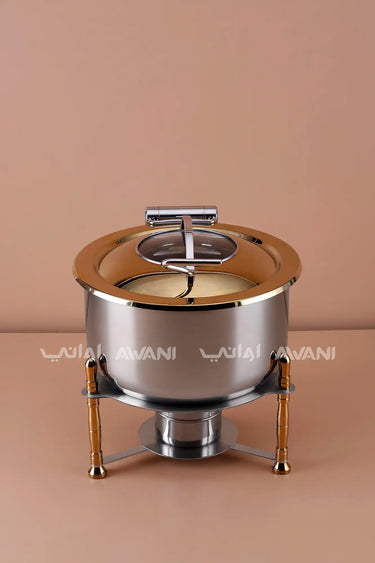 Round Stainless Steel Chafing Dish with Gold Accents & Glass Lid - 7000 ML