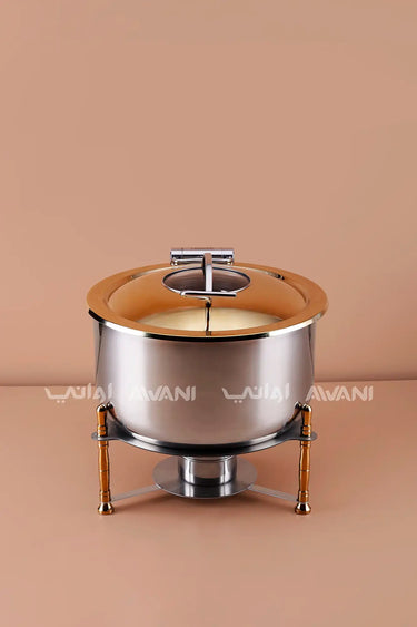 Round Stainless Steel Chafing Dish with Gold Accents & Glass Lid - 8500 ML