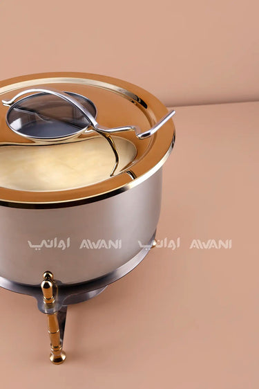 Round Stainless Steel Chafing Dish with Gold Accents & Glass Lid - 10000 ML