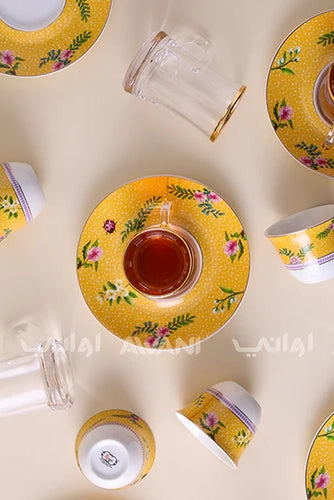 Yellow Tea Cup & Saucer Set โ Gold Rim, Floral & Ladybug Design