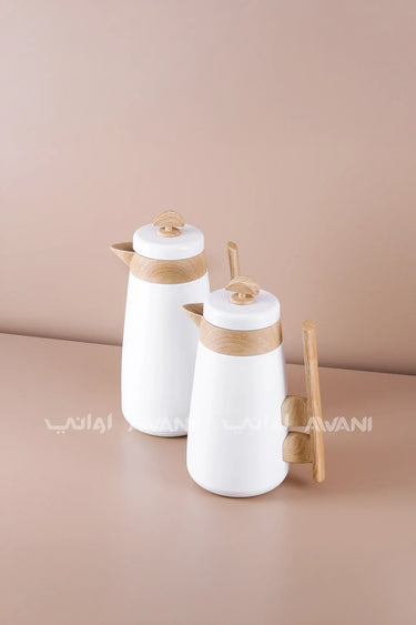 Vacuum Flask Set โ 1L & 700ml, White & Wood Handle