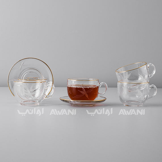 Elegant Clear Tea Glass & Saucer Set – Clear , Gold Trim & Impressed Leaf Design