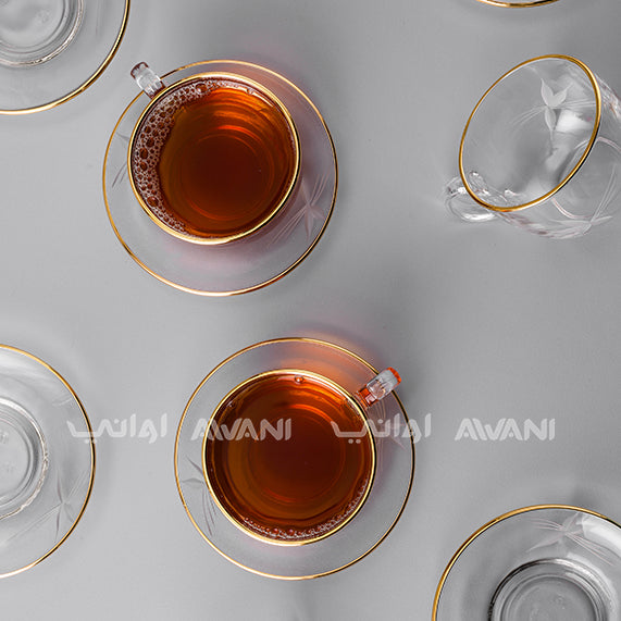 Elegant Clear Tea Glass & Saucer Set – Clear , Gold Trim & Impressed Leaf Design