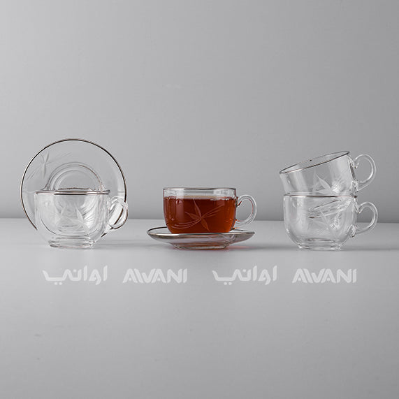 Elegant Clear Tea Glass & Saucer Set – Silver Trim & Impressed Leaf Design