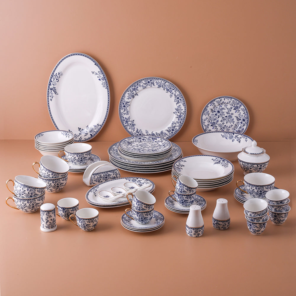 71-Piece Floral Blue and White Porcelain Dinnerware Set