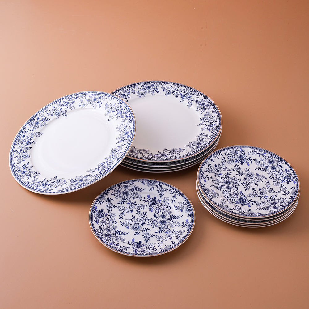 71-Piece Floral Blue and White Porcelain Dinnerware Set