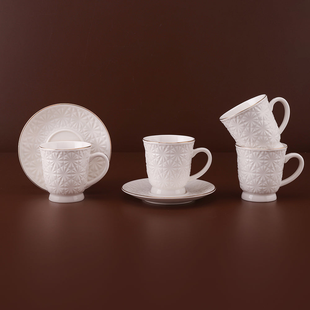 coffee and Tea cup with saucer set, ceramic white tea, Line design tea cup with saucer (4 Pcs) Touchable White Color