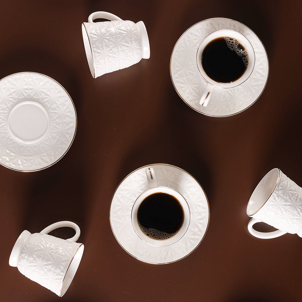 coffee and Tea cup with saucer set, ceramic white tea, Line design tea cup with saucer (4 Pcs) Touchable White Color