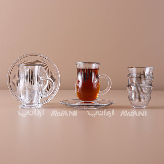 Crystal Tea Glass & Saucer Set with Silver Rim and Elegant Black Line Design