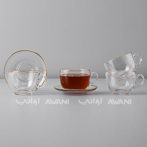 Elegant Clear Tea Glass & Saucer Set – Gold Trim & Impressed Plain Design
