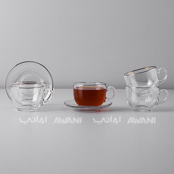 Elegant Clear Tea Glass & Saucer Set – Silver Trim & Impressed Plain Design