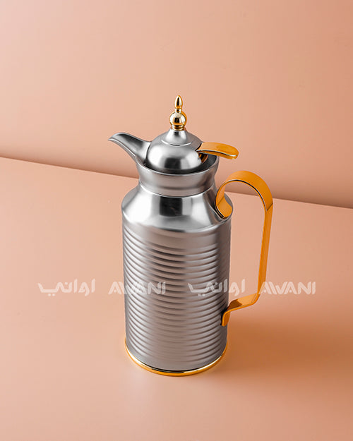 Premium Metal Arabic Coffee Dallah – Classic Design, 0.8 L – Matte Silver with Gold Handle