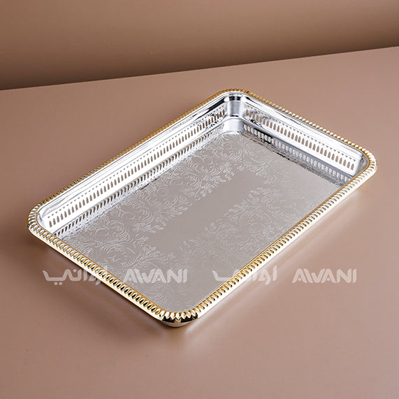Designed Rectangle Silver and gold Tray ( L- 37 cm x W - 24 cm)