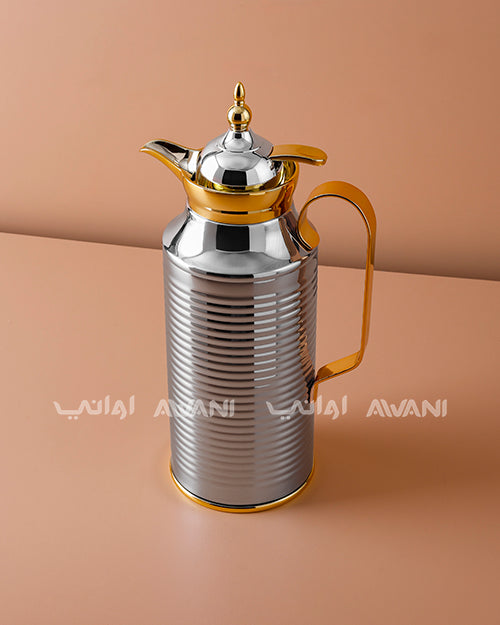 Premium Metal Arabic Coffee Dallah – Classic Design, 1 L – Shiny Silver with Gold Handle