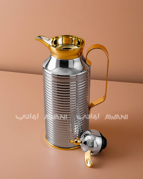 Premium Metal Arabic Coffee Dallah – Classic Design, 1 L – Shiny Silver with Gold Handle